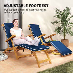 Folding Sun Lounger with Padded Cushion, Acacia Wood Recliner with Footrest for Garden, Navy Blue