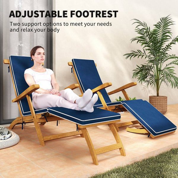 Folding Sun Lounger with Padded Cushion, Acacia Wood Recliner with Footrest for Garden, Navy Blue