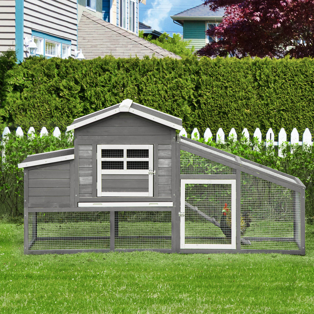 Wooden chicken coop with removable tray, nesting box, run, and ramp, grey