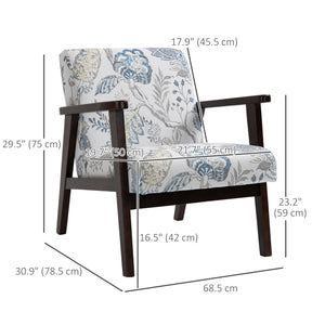 Retro fabric armchair with wooden armrests, floral pattern