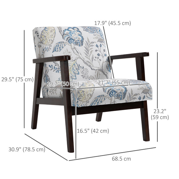 Retro fabric armchair with wooden armrests, floral pattern