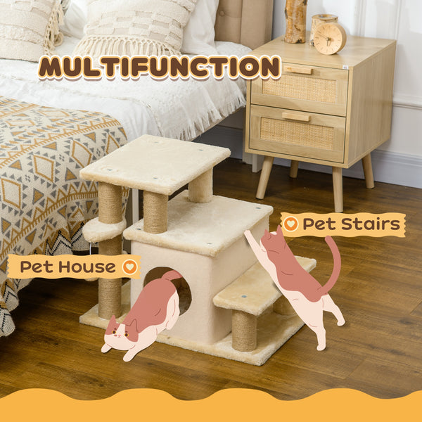 Cat stairs with scratching posts and ball toy, beige