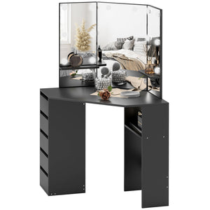 Dressing table with 3-panel mirror and 10 LED lights, black