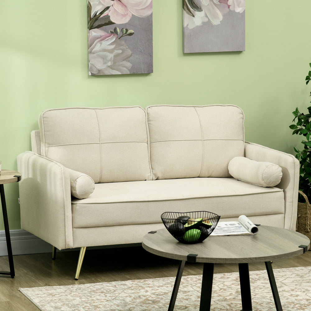 2 seater upholstered sofa with back cushions and pillows, beige