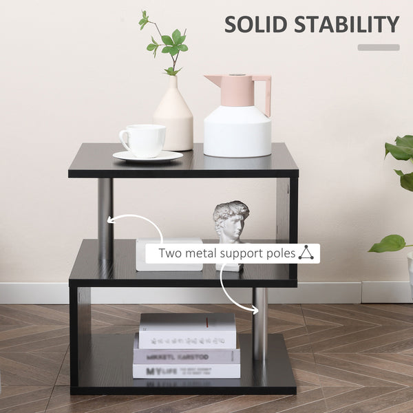 S-Shaped Wooden Side Table with 3 Storage Shelves, Black