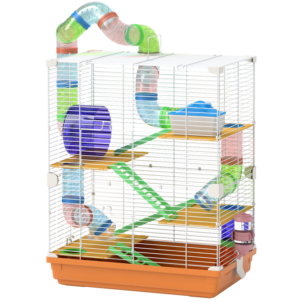 5-Level Portable Hamster Cage with Exercise Wheels, Play Tube, Water Bottle, Bowl, Ladder for Gerbils, Orange