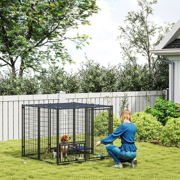 Enclosure with adjustable bowls and sun protection