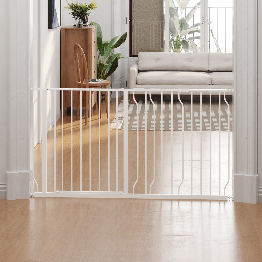 White pet gate with door and double locking system