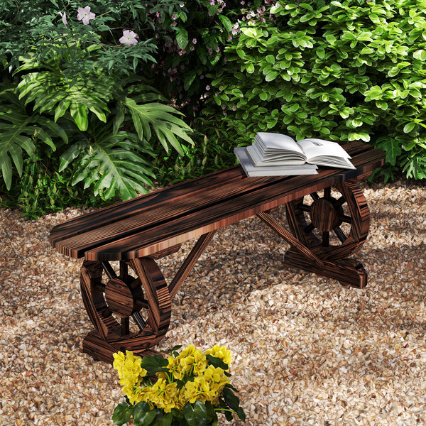 Wooden garden bench with wagon wheel legs, charred