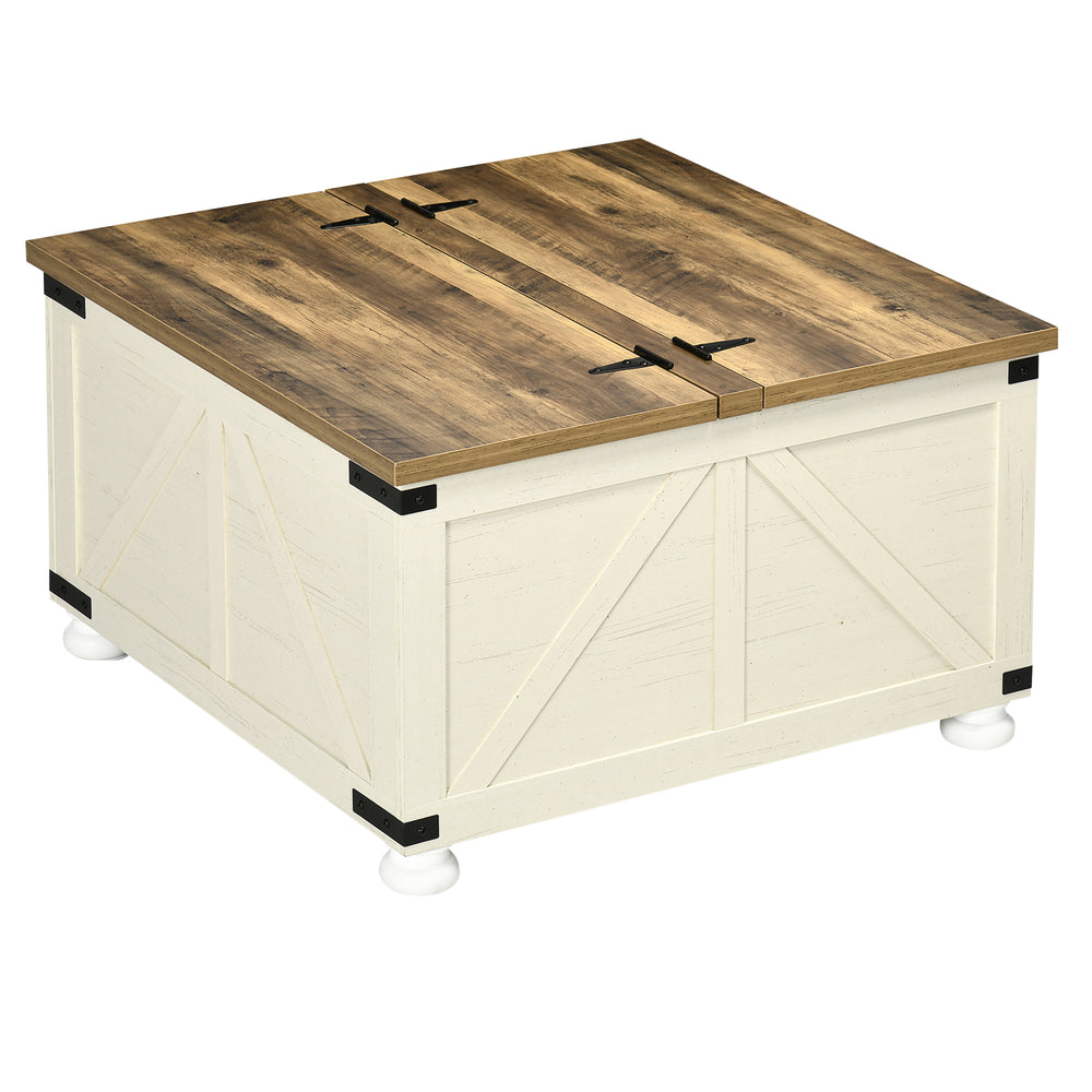 Farmhouse style coffee table with hinged lids, antique white