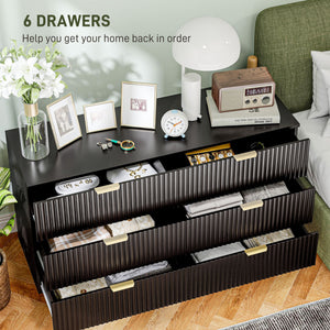 Modern 6 Drawer Bedroom Dresser with Gold Legs and Handles, Black