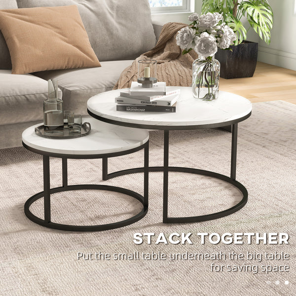 Set of 2 modern coffee tables with metal base, white marble effect