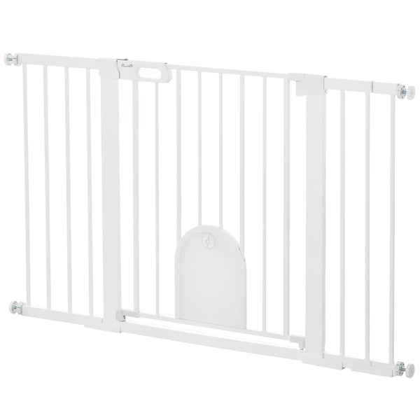 Extra-wide safety gate with small door, white