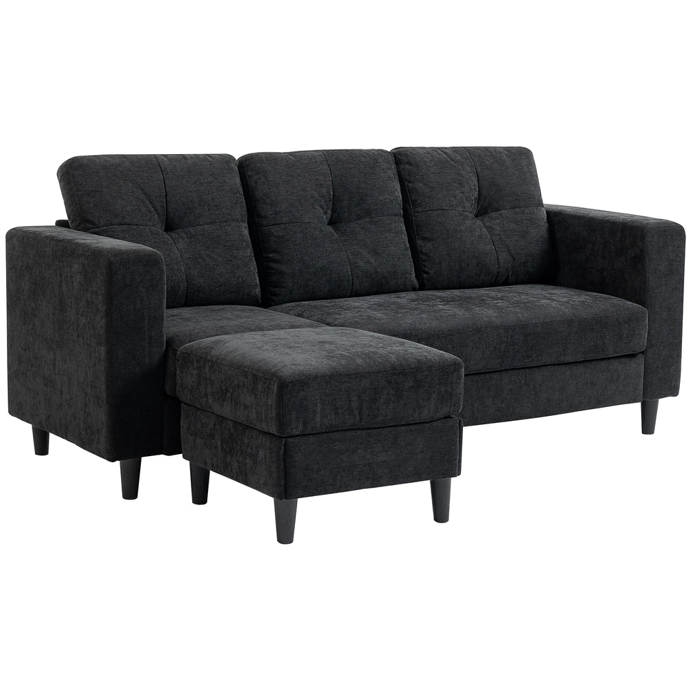 L-shaped sofa with adjustable chaise longue, wooden legs, black