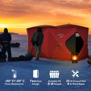 Foldable ice fishing shelter for 5 to 8 people, portable, red