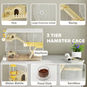 Deep Hamster Cage, Wooden Ramp, Hut, Exercise Wheel for Hamster and Gerbil, White