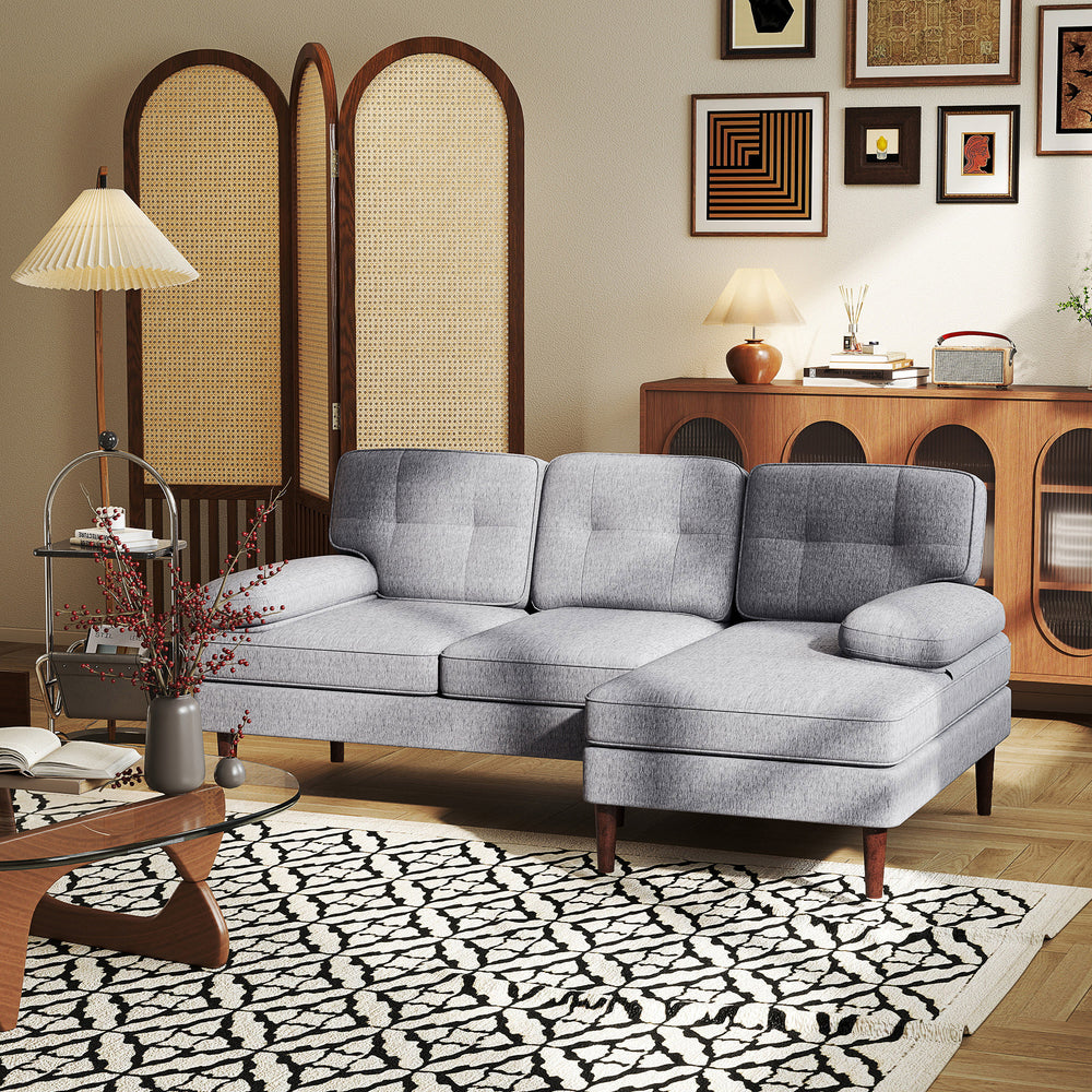 Modern corner sofa with chaise longue with wooden legs, gray