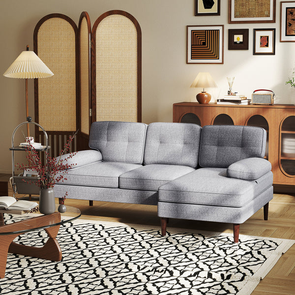 Modern corner sofa with chaise longue with wooden legs, gray