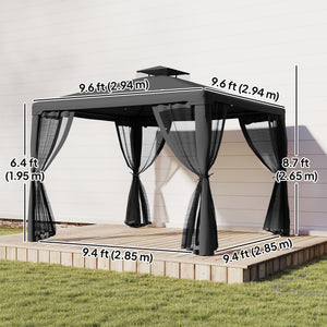 9.6' x 9.6' garden pavilion with steel frame and mosquito netting, dark grey