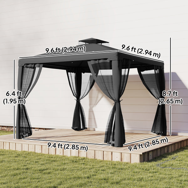 9.6' x 9.6' garden pavilion with steel frame and mosquito netting, dark grey