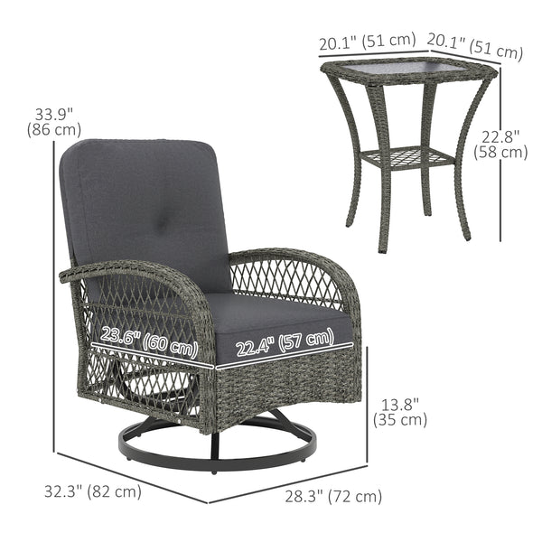 3 Piece Wicker Garden Set with 2 Rocking Swivel Chairs and Two-Tier Glass Coffee Table, Grey