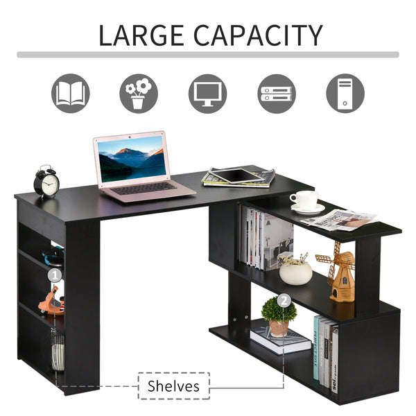 L-shaped corner desk, 360° swivel, with storage shelf, black