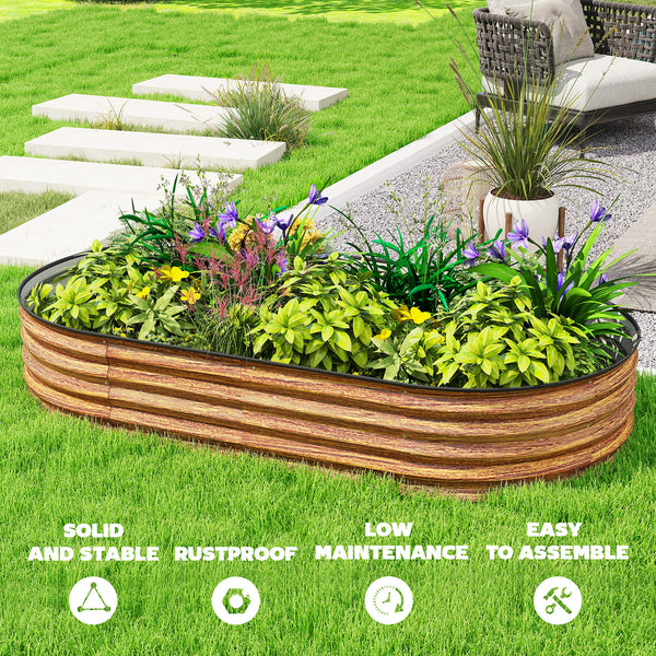 Raised outdoor planter made of galvanized steel with metal support, brown