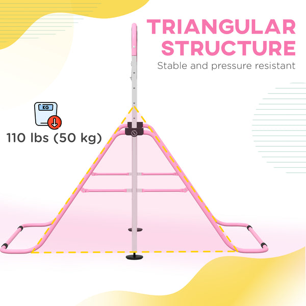 Foldable and height-adjustable gymnastics bar with rings, pink