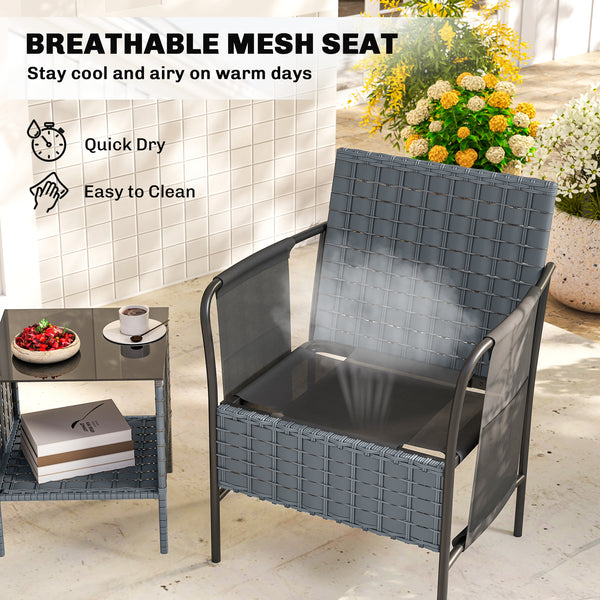 Ensemble de mobilier de jardin 3 pièces en résine tressée, poches latérales, assise en filet, table en verre à 2 niveaux, coussins, gris