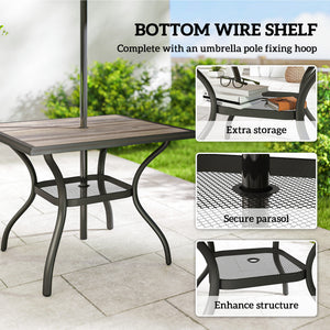 Square garden table for 4 people, with parasol hole, grey