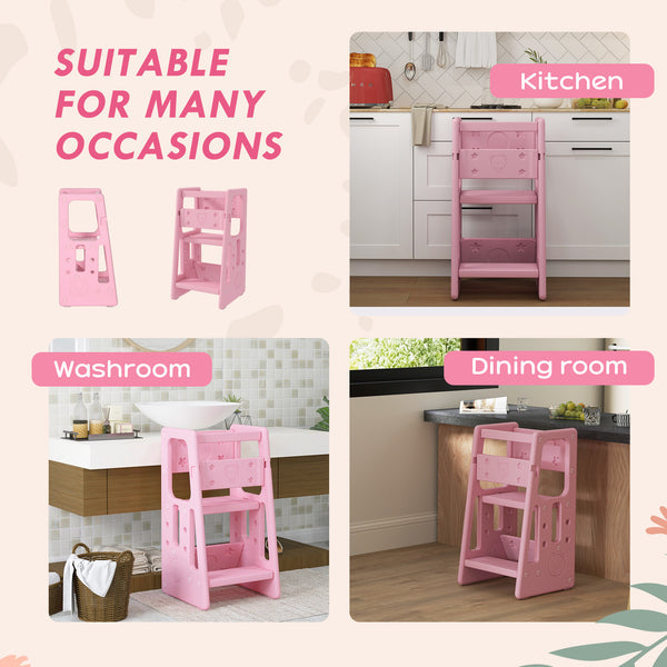 Toddler Kitchen Stool with 2 Steps and Adjustable Platform, Pink