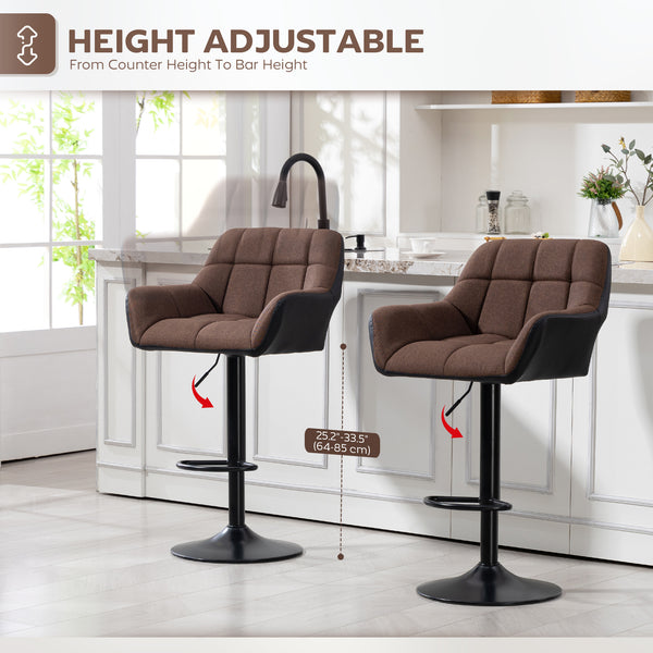 Set of 2 swivel bar stools with footrest, black and brown