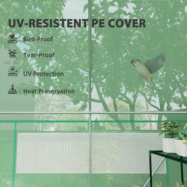 Tunnel greenhouse with 3 roll-up doors and large screened windows