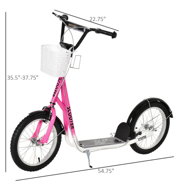 Scooter with adjustable handlebars with 2 brakes, cup holder basket, pink
