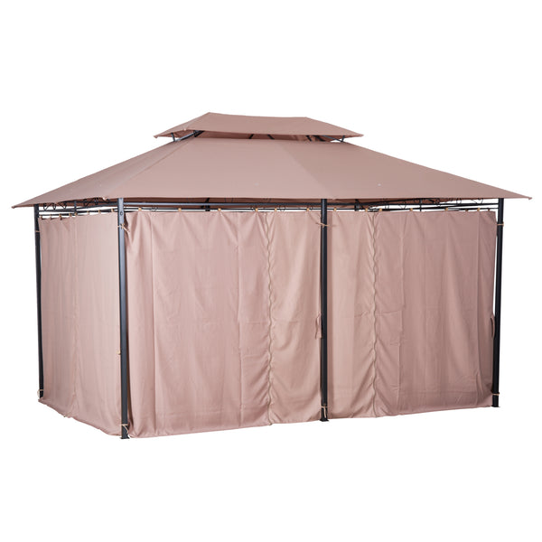 10' x 13' Patio Gazebo, Outdoor 2-Tiers Garden Canopy Yard Sunshade Shelter with Curtains, Khaki