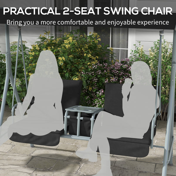 Two-seater swing with adjustable canopy and table, black