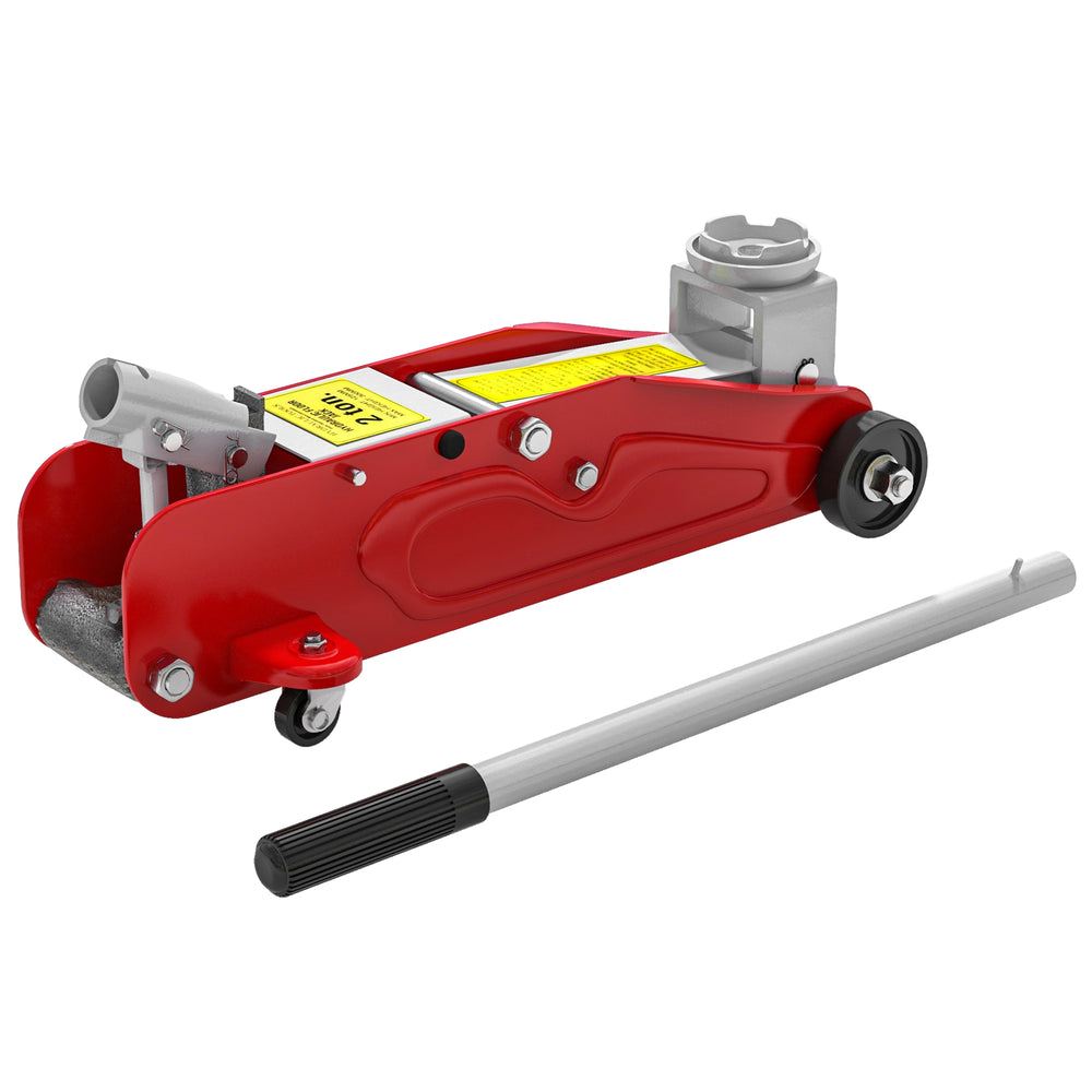 Extra-flat hydraulic jack, lifting height 12 to 30 cm, 2-ton capacity, red