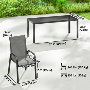 9-piece patio set with stackable chairs and glass tabletop for garden, patio, or yard, dark grey 