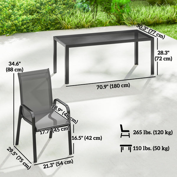9-piece patio set with stackable chairs and glass tabletop for garden, patio, or yard, dark grey 