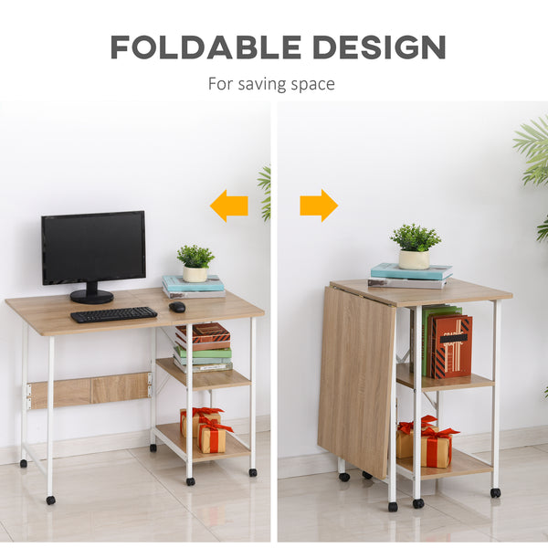 Folding computer desk with storage shelves
