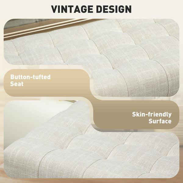 Linen fabric storage pouf with button tufting, beige