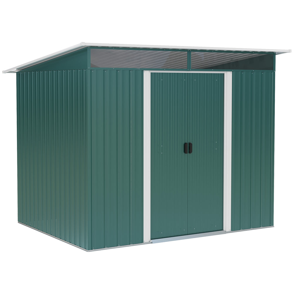 Outdoor metal garden shed, dark green