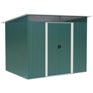 Outdoor metal garden shed, dark green