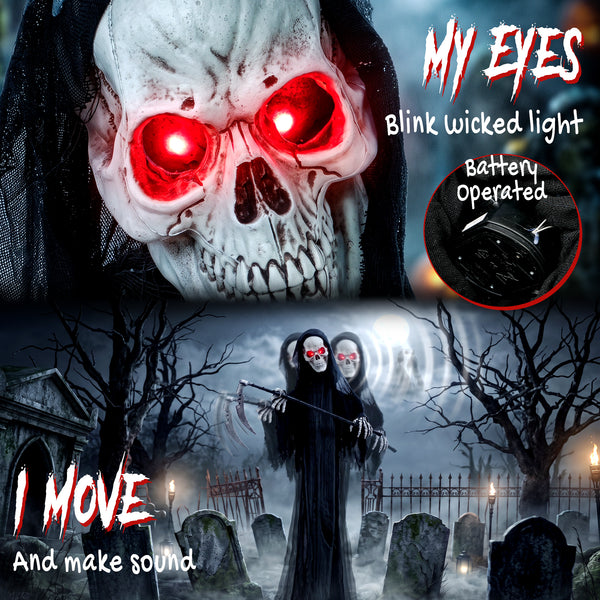 6 ft. Animated Halloween Reaper with Scythe, Red LED Eyes, Sounds and Motion – Black
