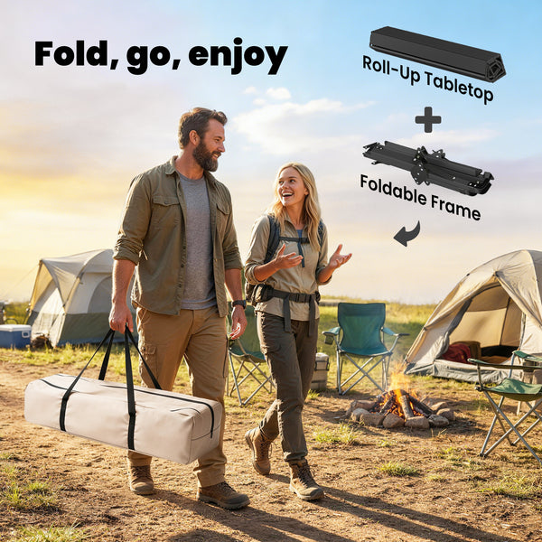 Waterproof foldable camping table with roll-up top and metal frame, black