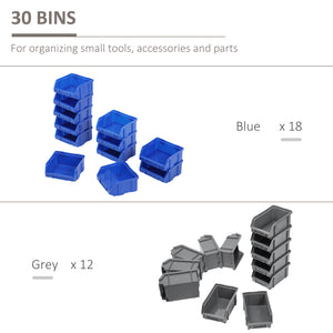 Wall organizer with 30 storage bins and pegboard for garage/workshop (blue)
