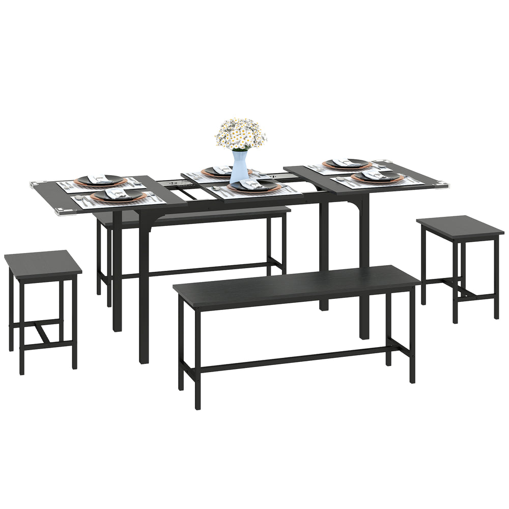 Dining Set for 4-6 People, with 2 Benches and 2 Stools, for Small Spaces, Black