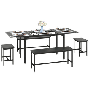 Dining Set for 4-6 People, with 2 Benches and 2 Stools, for Small Spaces, Black