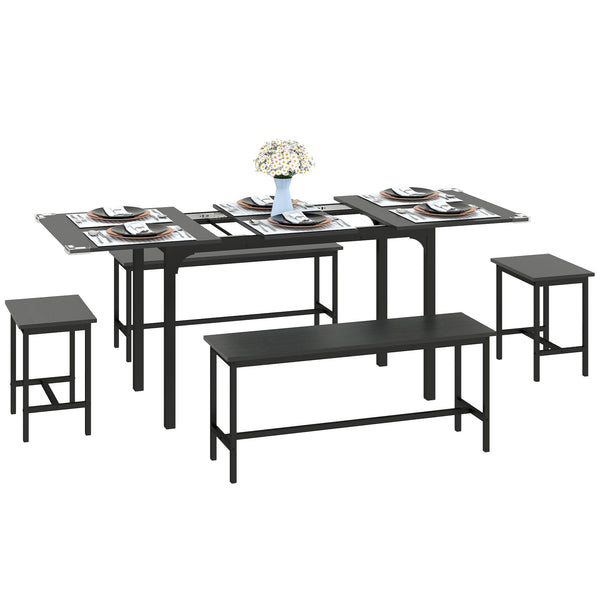 Dining Set for 4-6 People, with 2 Benches and 2 Stools, for Small Spaces, Black