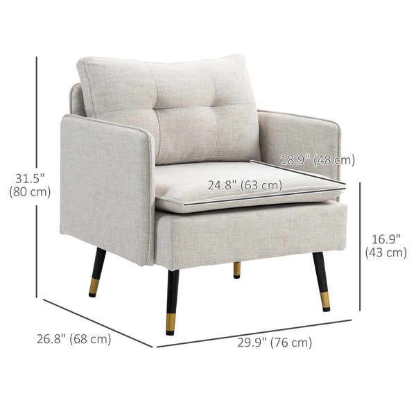 Modern upholstered accent chair with tufted back and steel legs, cream white